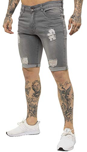 Enzo Jeans Mens Denim Shorts Skinny Fit Distressed Ripped Half Pants