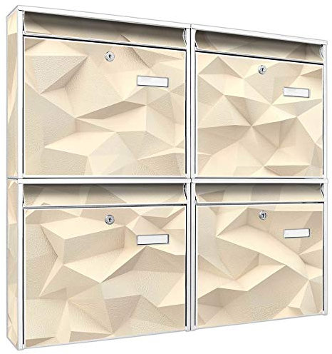 banjado Briefkastenanlage 4 Fach - Postkästen groß - verzinkter Stahl weiß DIN A4 Motiv Steinwand 2 - Briefkasten Set 4 Briefkästen Namensschild, 2 Schlüssel, Montagematerial