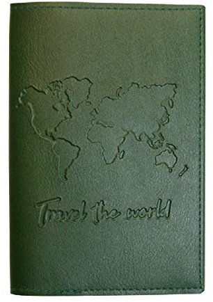 Nessis Manufactur Reisepasshülle mit Prägung TRAVEL The World, Reiseetui, Travelwallet, Dokumententasche, Ausweistasche (Oliv)