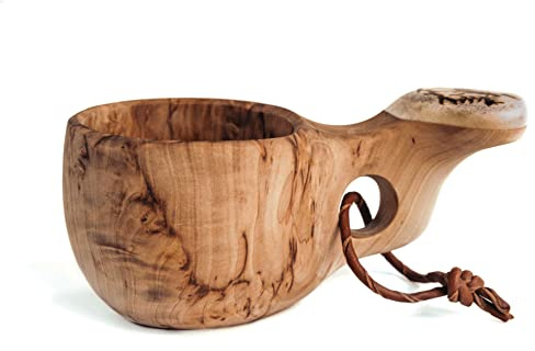 Finnische Kuksa Holztasse aus Maserbirke mit Ren-Horn Applikationen (Bär-Motiv), Handgefertigte Lappland-Tasse, der nordische Wander & Outdoor-Becher aus Skandinavien mit Bären-Verzierung