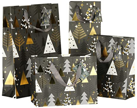 Nordstern Geschenktüte für Weihnachten - Geschenkverpackung 'Goldene Tannen' in verschiedenen Größen - 4er Set