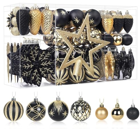 SHareconn Lot de 106 décorations de Noël en plastique incassable pour sapin de Noël, vacances, fête de mariage avec crochets inclus, noir et or