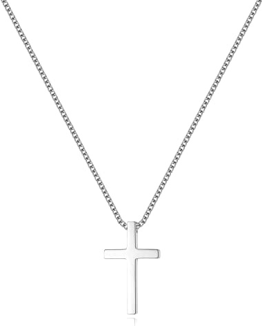 REVEMCN Black Gold Silver Cross Necklace for Boys Stainless Steel Mens Cross Pendant Chain Necklace for Men Women Religious Jewelry Gifts for Boys Girls Chain 16-24 Inches (16 inches, Silver - 0.8'' × 0.5'' cross pendant)