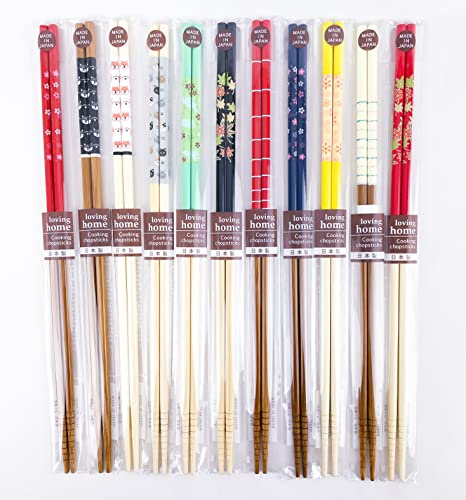 Japanese Bamboo Cooking Chopsticks Set of 3 - Saibashi 33 cm, Made in Japan | Assorted designs, 3 random patterns per pack (cannot be chosen), sakura & shiba inu style, anti-slip tips, doubles as tongs