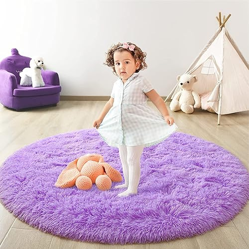 Shaggy Hochflor Teppich Rund für Kinderzimmer Wohnzimmer Schlafzimmer Langflor Teppich Hochwertig Hohe Pflegeleicht Fadendichte Flauschiger kinderteppich für Kinder Mädchen(Violett 122cm)