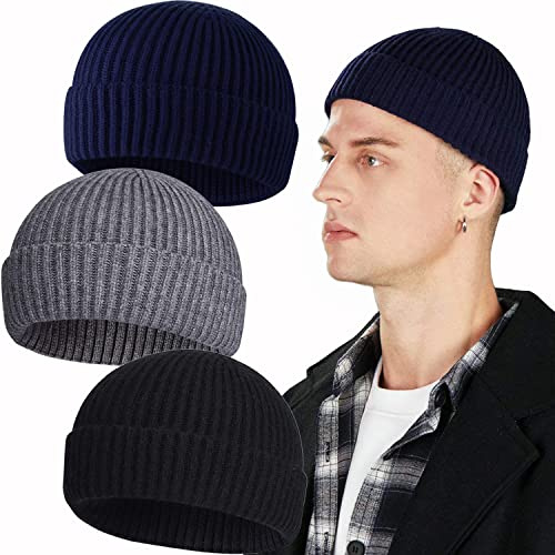 PHILIGHTS 3PCS Short Fisherman Beanie Hat for Men Women, Wool Knit Cuff Winter Warm Hats