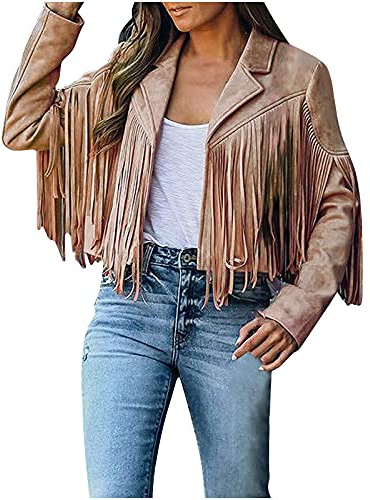 Mockajacka för kvinnor, kort jacka för damer, tidig elegant övergångsjacka, långärmad, lätt sommarjacka, kort mockajacka med fransar, kavaj, fransjacka, bikerjacka, vintage, bomberjacka
