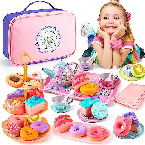 Juboury Teeservice Kinder, Kinderküche Zubehör Puppengeschirr Teeparty Rollenspiele Spielküche Zubehör Einhorn Spielzeug Geschenk für Kinder Mädchen