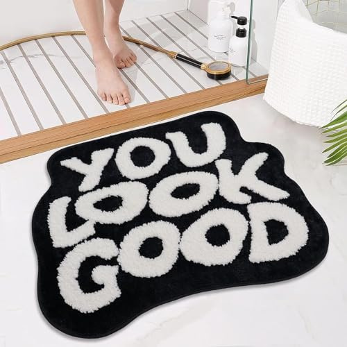 Waslary You Look Good Badematte TüRmatte Personalisiert Lustig Rug Absorbierende Badematte Waschbar Badezimmerteppich Antirutschmatte Badewanne 64x54cm, Schwarz