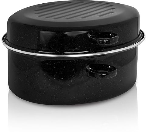 Karl Krüger GBCT42 Emaille Gansbräter 42 cm mit Chromrand und Tropfdeckel, 10 Liter/Gänsebräter/Bräter