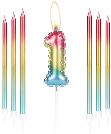 mciskin Geburtstagskerzen Happy 1st Birthday, bunte 1 Kerze für Kuchen, rot, gold, blau, lange Kerzen, Kuchendekoration für Jungen, Mädchen, Männer, Frauen, Geburtstagsdekorationen, Hochzeitstag