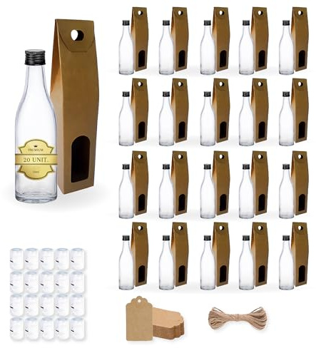 Espirito Rebelde 20 Mini Bouteilles en Verre 50ml avec Bouchon a Vis Noir + Boîte + Sceau + Étiquette Kraft + Fil | Mignonnettes Alcool 5cl, Petites Fioles Échantillons | Cadeaux, Mariages