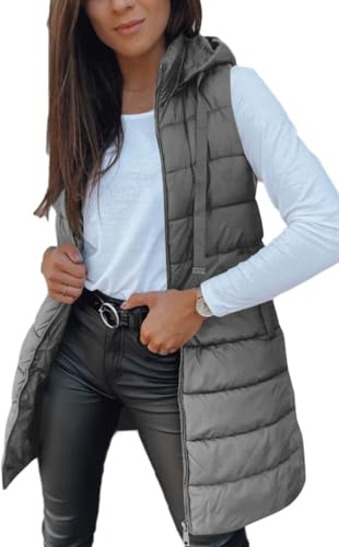 Imily Bela Chaleco acolchado largo y ligero con capucha para mujer, sin mangas, chaqueta de invierno, chaleco de entretiempo cálido