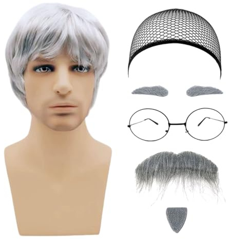 MIVAIUN 7 Stück Opa Perücken Set Alter Mann Perücke Herren Perücke Künstlicher Bart Augenbrauen Perückenkappe Brille Mann Kostüm Perücke Opa Kostüm Zubehör für Karneval Cosplay Party(7 Stück)