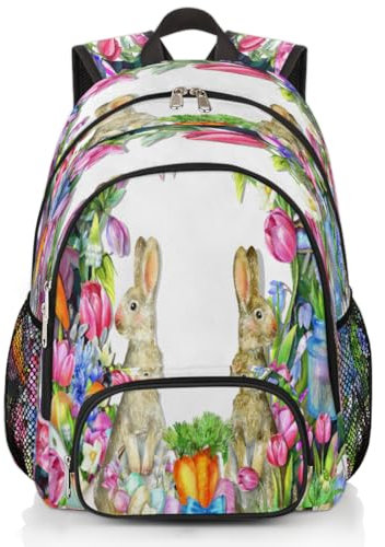 Rucksack mit Frühlingsblumen-Hase, großes Fassungsvermögen, Schulrucksack, Osterhasen-Rucksack, Wandern, Reisen, lässiger Laptop-Tagesrucksack für Kinder, Jungen, Mädchen, Männer, Frauen, farbig, XXL
