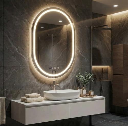 YOURLITE Badspiegel mit Beleuchtung Oval,60x80 Spiegel mit Beleuchtung,LED Badezimmerspiegel mit Uhr & Touch-Schalter,3 Lichtfarben Dimmbar,LED Spiegel mit Touch Schalter,Antibeschlag,IP44