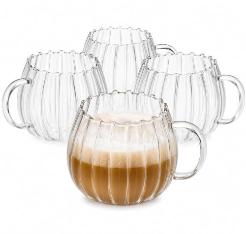 Zoha Riffle Gläser 400 ml im 4er Set – Design Teegläser & Kaffeebecher Glas – Riffelgläser für Kaffee, Tee, Iced Coffee & Saft – Glas Becher – Spülmaschinengeeignet