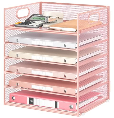 VITVITI Organizador de Escritorio con Archivador, Bandeja de Papel de 6 Niveles con Asa, Malla de RellenoOrganizador para Material de Oficina en Casa, Accesorios de Oficina Ordenados - Rosa