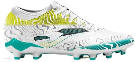 Joma Botas de fútbol de suelo firme, 6.5-11, tacos profesionales, parte superior de microfibra, suela cromada, refuerzo en el talón y ajuste similar a un calcetín, Evolution Cup FG, Blanco Turquesa