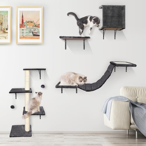 HEVOL Kletterwand Katzen, Katzen Kletterwand Set, Katze Wandelemente, 10-Teiliges Stabiler Katzenmöbel mit Hängebrücke, Katzenhängematte, Kratzsäulen und katzenhöhle für Schlafen Spielen Lounging