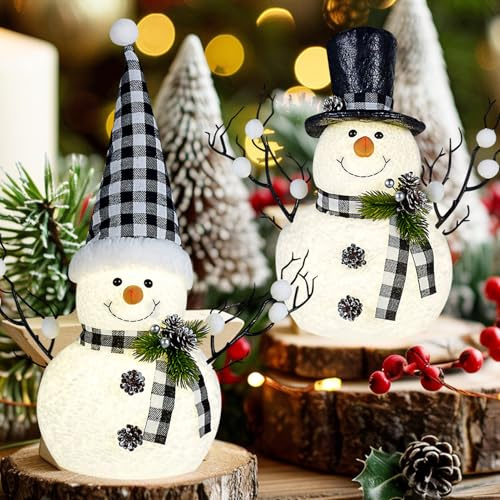 MWDJPXY 2 Pack Black and White Christmas Decor, 14 Lighted Snowmen Tree Buffalo Check Plaid Farmhouse Decorations, Table Centerpieces Rustic Gifts Tiered Tray Decor with for Christmas Party