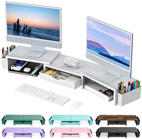 gianotter Dual-Monitor-Ständer, Schreibtisch-Organizer mit Schublade und 2 Stifthaltern, Schreibtischzubehör und Arbeitsplatz-Organizer, Laptop-Ständer, Monitorständer für Schreibtisch, Weiß | Computer-Monitorständer, Schreibtisch-Organizer und Zubehör, Schreibtischregal für die Oberseite des Schreibtischs (weiß)