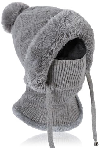 TAGVO Strickmütze Damen Thermo Winter, 3 in 1 Beanie Mütze Warm Strickmütze & Halswärmer Sets, Multifunktional Verstellbar Sturmhaube Gesichtsmaske mit Dickes Fleece gefüttert für Frauen Outdoor