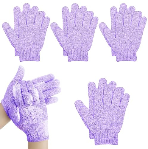 Biiange 4 Pairs Bath Gloves, Body Scrub Mitts, Shower Scrubber Gloves for Shower Spa Massage & Body Scrub for Women Bath Spa Accessories (Purple, S)