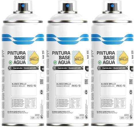 H HANSEL HOME Pintura Spray Base Agua 400ml - Para Muebles, Metal, Plástico y Madera - Ecológica y Sin Olor, Colores Duraderos - Blanco Brillo, 3 unidades