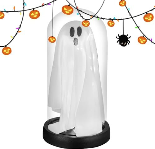 Light Up Your Ghost with Glass Cloche - LED Ghost Figurine in Glass Dome, Spooky Light Up Halloween Decor | Glass Closh Ghost Lights for Haunted House, Party Decoration, Home and Display