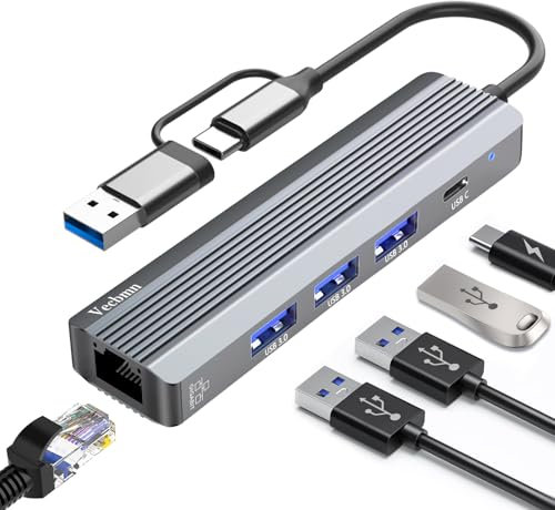 5 In 2 USB C Hub Ethernet 1000M, USB to Ethernet Adapter with 3 USB 3.0, USB C Port, USB-A Port, RJ45 Gigabit LAN Network Adaptor for MacBook, Surface, Laptops with Windows, XP, Vista, Mac/Linux