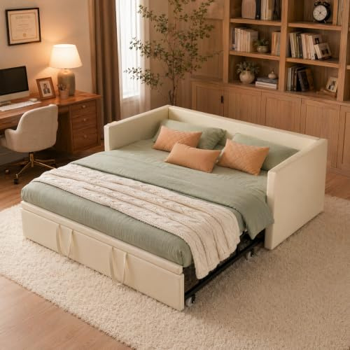 FOERPL Bäddsoffa, konvertibel 90/180 x 200 cm, 2-sits bäddsoffa, sammetstyg, utdragbar enkelsäng, dubbelsäng, utdragbar säng, utdragbar säng, vadderad säng, soffa, 2 personer (beige)
