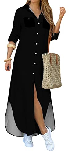 OMZIN Women Rolled Up Sleeve Button Down Lapel Dress Floral Print Maxi Dresses Loose Dress