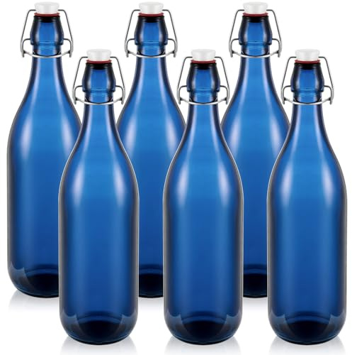 Teenyyou 6 Pack Blue Swing Top Glass Bottles, 1 L/ 33.75 oz