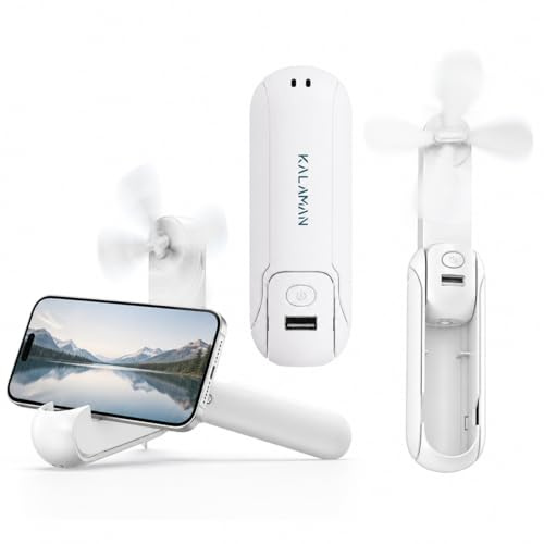KALAMAN Handheld Mini Fan, 4 IN 1 Multifunction 3 Speed USB Rechargeable Small Pocket Fan with Flashlight and Cell Phone Stands Desk, Portable for Travel/Summer/Concerts/gifts (White)