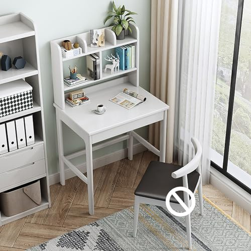 NCLOYN Massivholz-Schreibtisch mit Aufsatz, Moderner Computertisch mit Schubladen und Bücherregal, Kompakter Studenten-studientisch, Arbeitsplatz Zur Platzersparnis(60x45x135cm(24x18x53in), White)