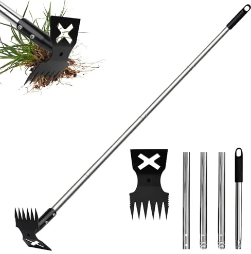 Ousinby Extractor de malezas, herramienta para eliminar malas hierbas con mango largo de 150 cm, herramientas de jardinería 2 en 1, rastrillo manual y azada de jardín, tirador de deshierbe resistente