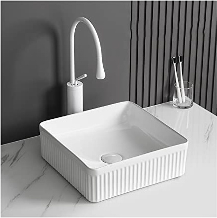 Lavabo de baño sobre encimera, Lavabo de baño Cuadrado, Lavabo de cerámica sobre encimera con Grifo, Lavabo de tocador Blanco, Lavabo de TOC