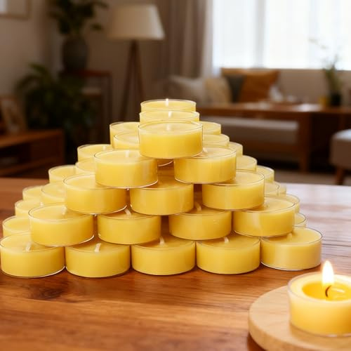 50 velas de té de cera de abeja pura con mecha de algodón, 4 horas de combustión, hechas a mano, no tóxicas y respetuosas con el medio ambiente para relajarse