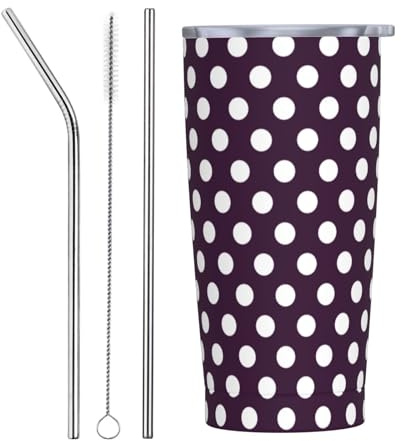 Vaso aislado de acero inoxidable con tapa y popote, con estampado de lunares, color morado oscuro, de 20 onzas, taza de café personalizada, botella de agua