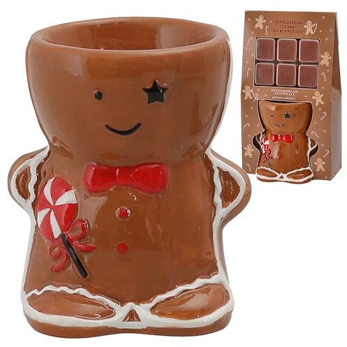 Lampe parfumée bonhomme en pain d'épice avec 6 x parfum cachemire caramel | faïence cire 11 x 19 x 7 cm marron rouge | Lampe aromatique avec découpe motif écritures