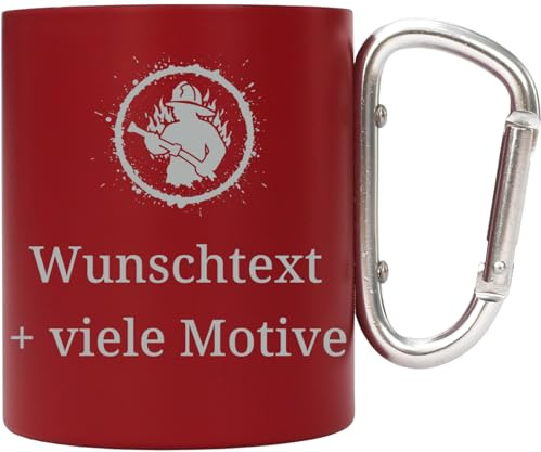 Feuerwehr Tasse mit Name, Spruch + Motiv - Edelstahl Becher Rot mit Karabiner 250 ml, personalisierte Kaffeetasse mit Gravur, Feuerwehrtasse Geschenk Feuerwehrmann Feuerwehrfrau