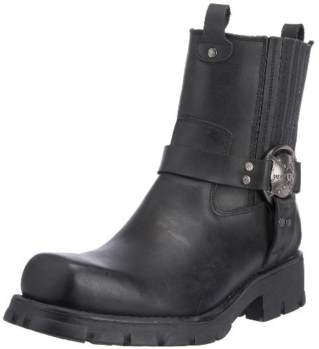 New Rock M.7605-S1 Stivaletti da moto unisex in vera pelle nera, suola in gomma naturale, stile biker, tacco 5 cm, piattaforma 2 cm, chiusura con cinturino posteriore ed elastico, 39