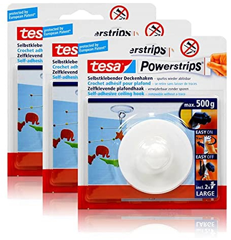 tesa Powerstrips Deckenhaken, weiß, max. 0,5 kg Belastbarkeit, Modern, 1 Haken, Polystyrol, 100% Polystyrol, Deckenhaken