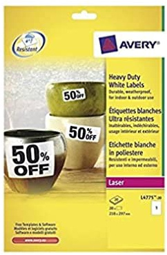 Avery L4775-20 – 20 Klebeetiketten, strapazierfähig, 210 x 297 mm, Weiß, Laserdruck