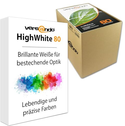 versando 2.500 Blatt Druckerpapier A4 hochweiß CIE161 Premium Kopierpapier (5x 500 Blatt HighWhite 80) strahlende Farben, klare Schrift, in SaferBox PEFC zertifiziert