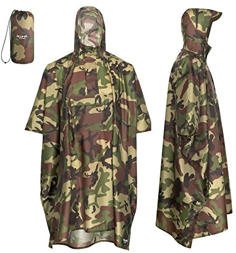 AWHA Regenponcho Damen und Herren wasserdicht und extra lang zum Wandern, Reiten, Fahrrad fahren - Outdoor Regenschutz wiederverwendbar mit Tasche, camouflage, S/M