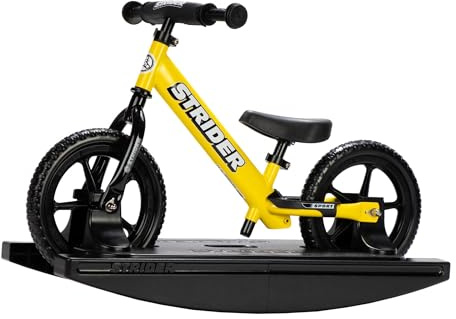 Strider 12” Sport Bike (Yellow) + Rocking Base - Helps Teach Baby How to Ride a Balance Bicycle - for Kids 6 Months to 4 Years - Easy Assembly & Adjustments