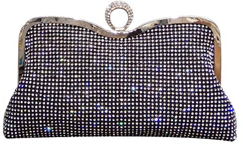 Syrads Damen Abendtasche Handtasche Strass Ring Clutch mit Schulterkette Schultertasche Glitzer Hochzeitsfeier Brautparty Handtasche,Schwarz