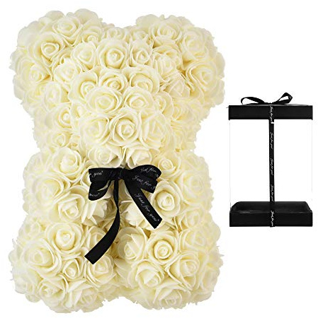 NWSX Orso di rose – Orsacchiotto rosa su ogni rosario – Orso floreale perfetto per anniversari, mamme – Confezione regalo trasparente inclusa – 10 pollici (bianco latte) | rso floreale perfetto per anniversari, mamme – Confezione regalo trasparente inclusa – 10 pollici